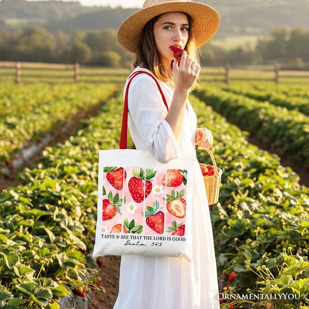 Taste and See Christian Faith Canvas Tote - Pink Strawberry Shopper