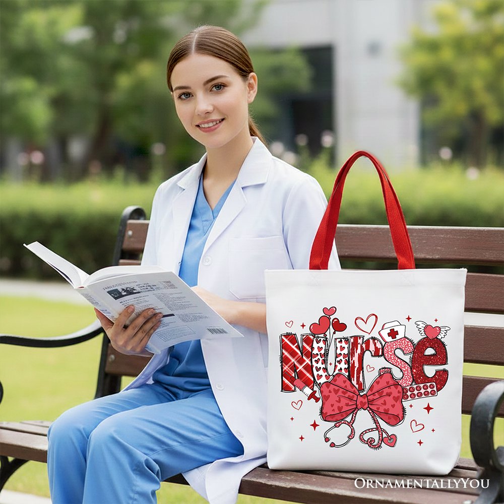 Valentine Nurse Coquette Bow Canvas Tote Bag, Romantic Work Shopper