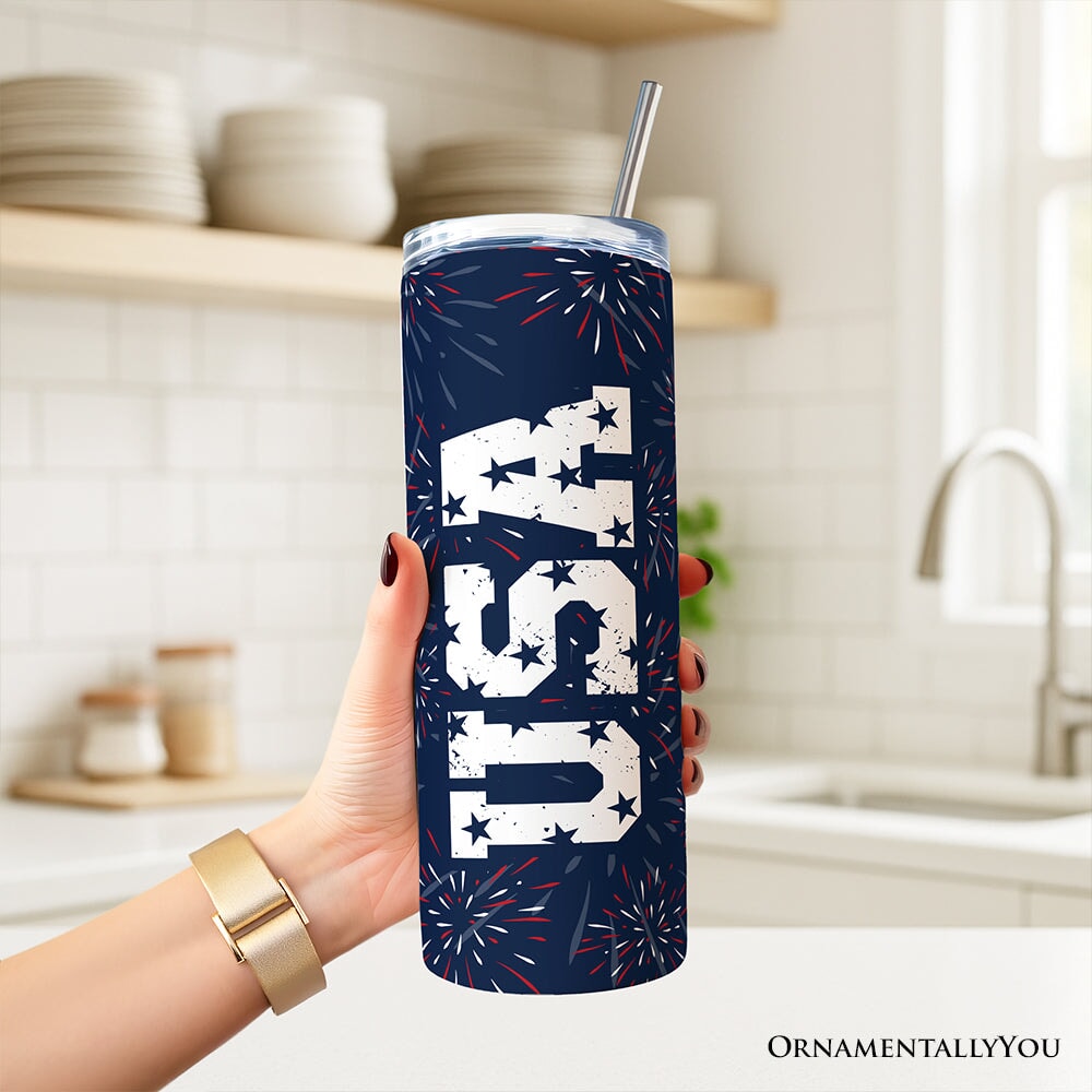 Vintage USA Block Letters 20oz Tumbler, Patriotic Independence Day