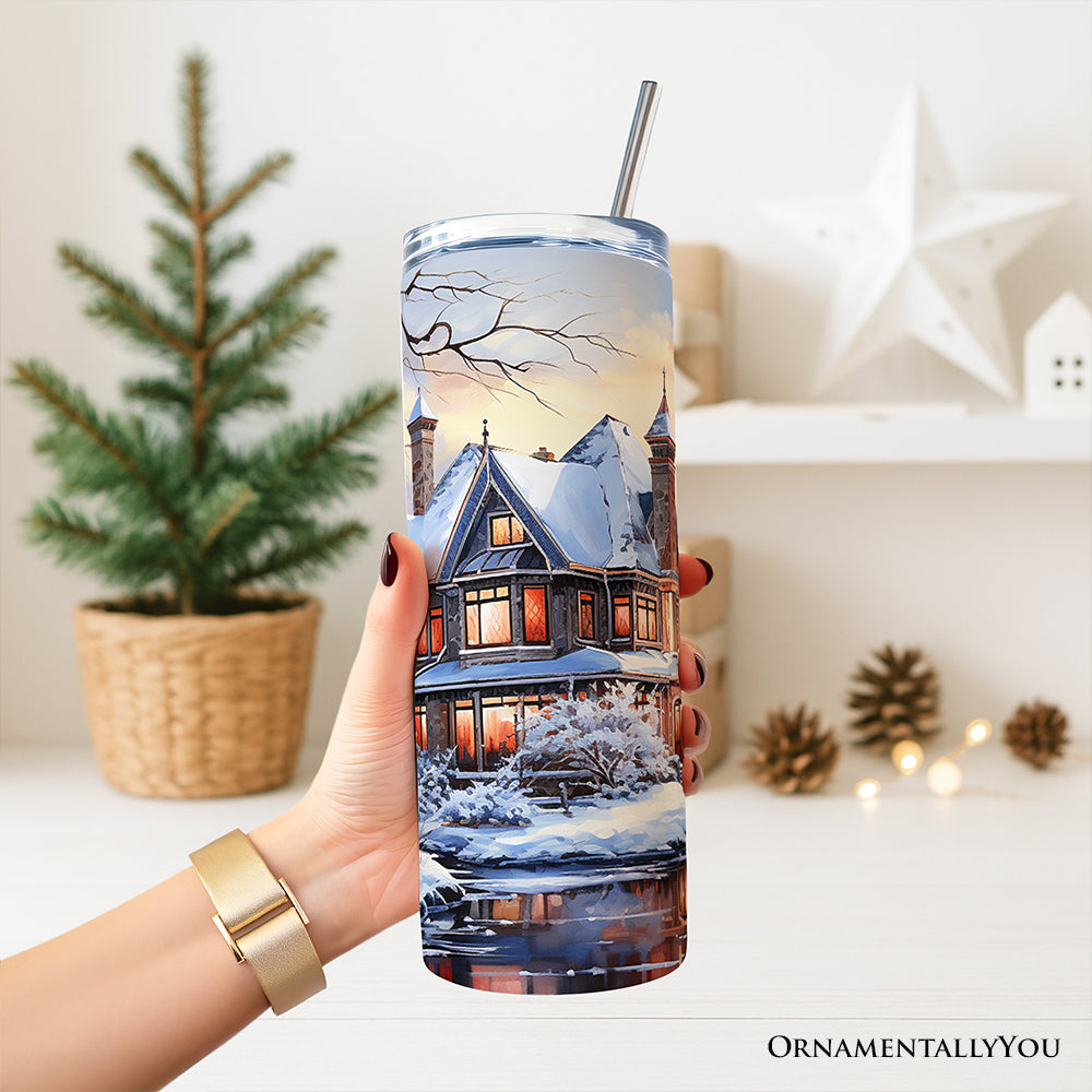Watercolor Snowy Victorian Mansion 20oz Stainless Steel Tumbler