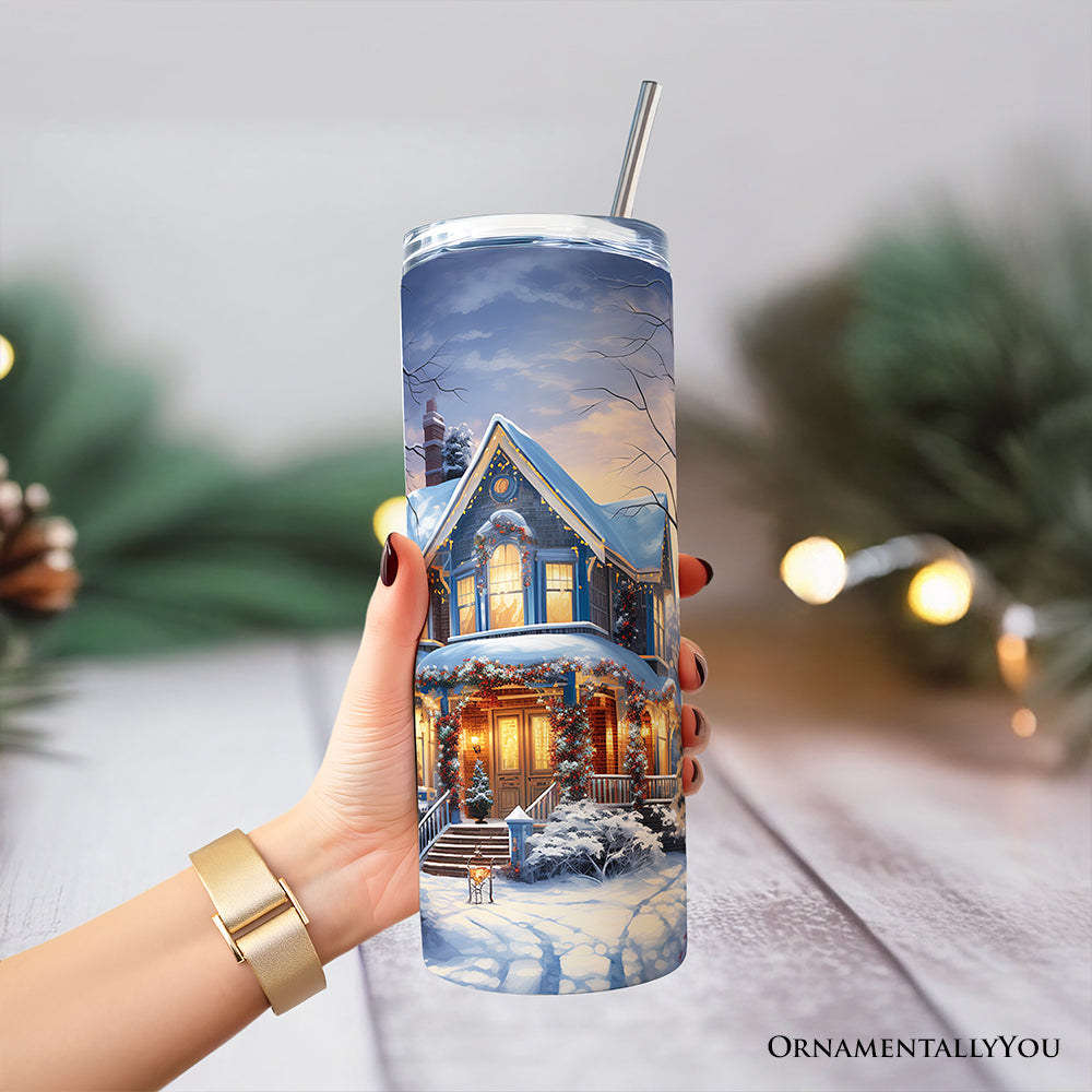 Watercolor Winter Christmas House 20oz Stainless Steel Tumbler