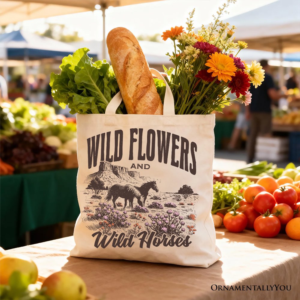 Wild Flowers and Wild Horses Canvas Tote Bag, Western Boho Gift