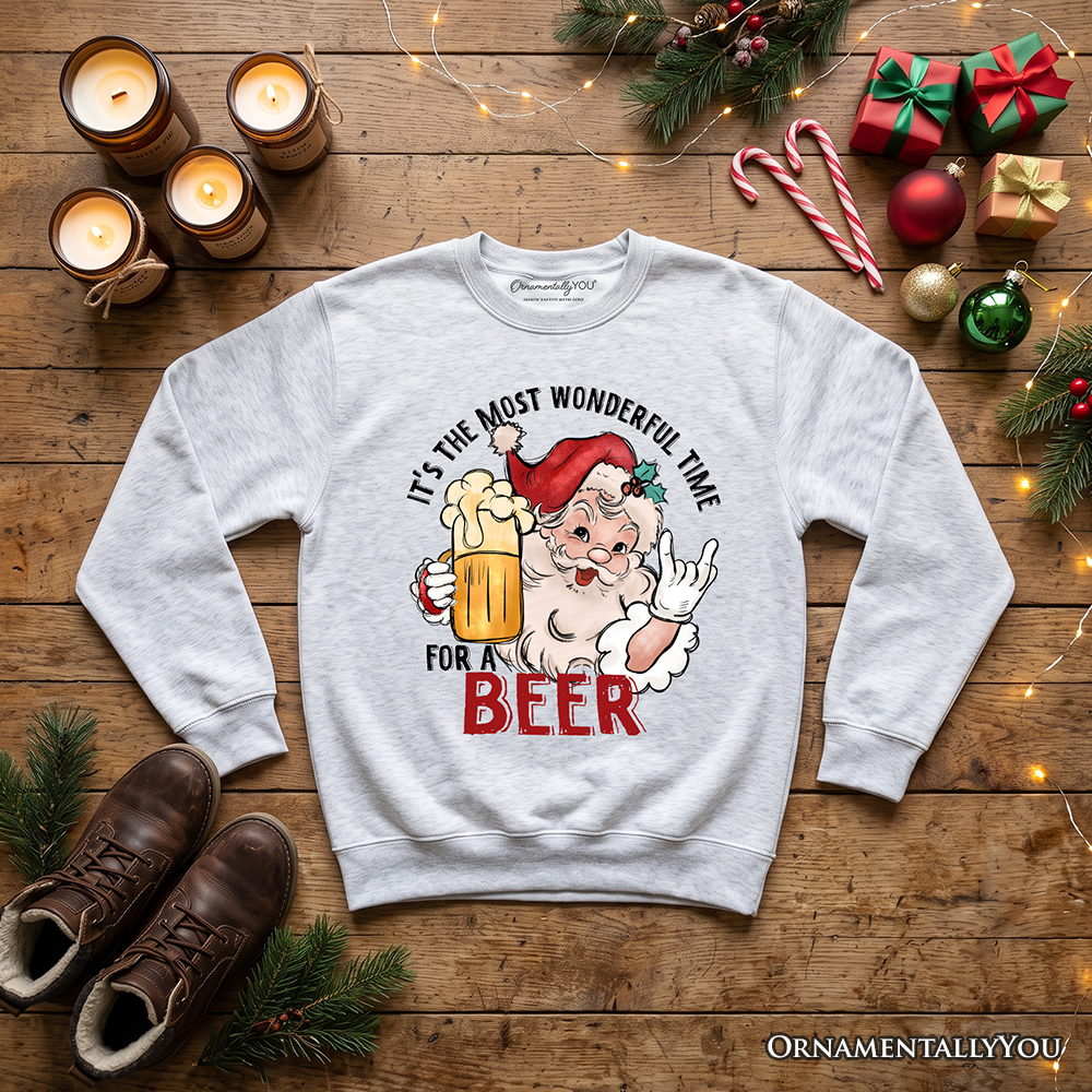 Santa Beer Christmas Sweatshirt, It’s The Most Wonderful Time Funny Holiday Sweater for Festive Drinkers