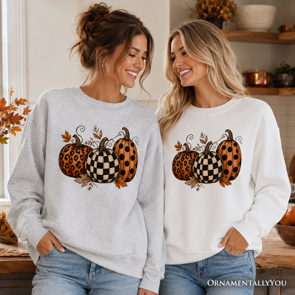 Leopard Checkered Pumpkin Sweatshirt, Autumn Fall Sweater