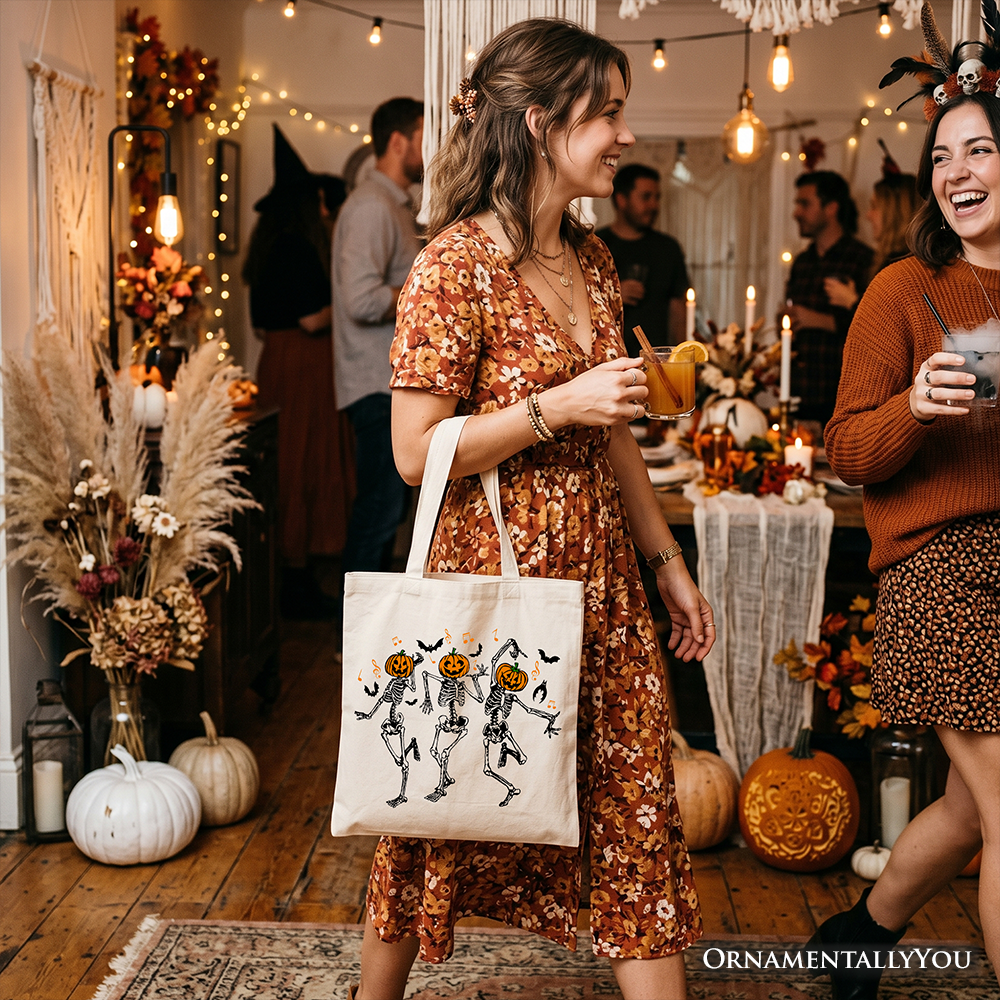 Dancing Skeletons Pumpkin Tote Bag, Halloween Graphic Shopper