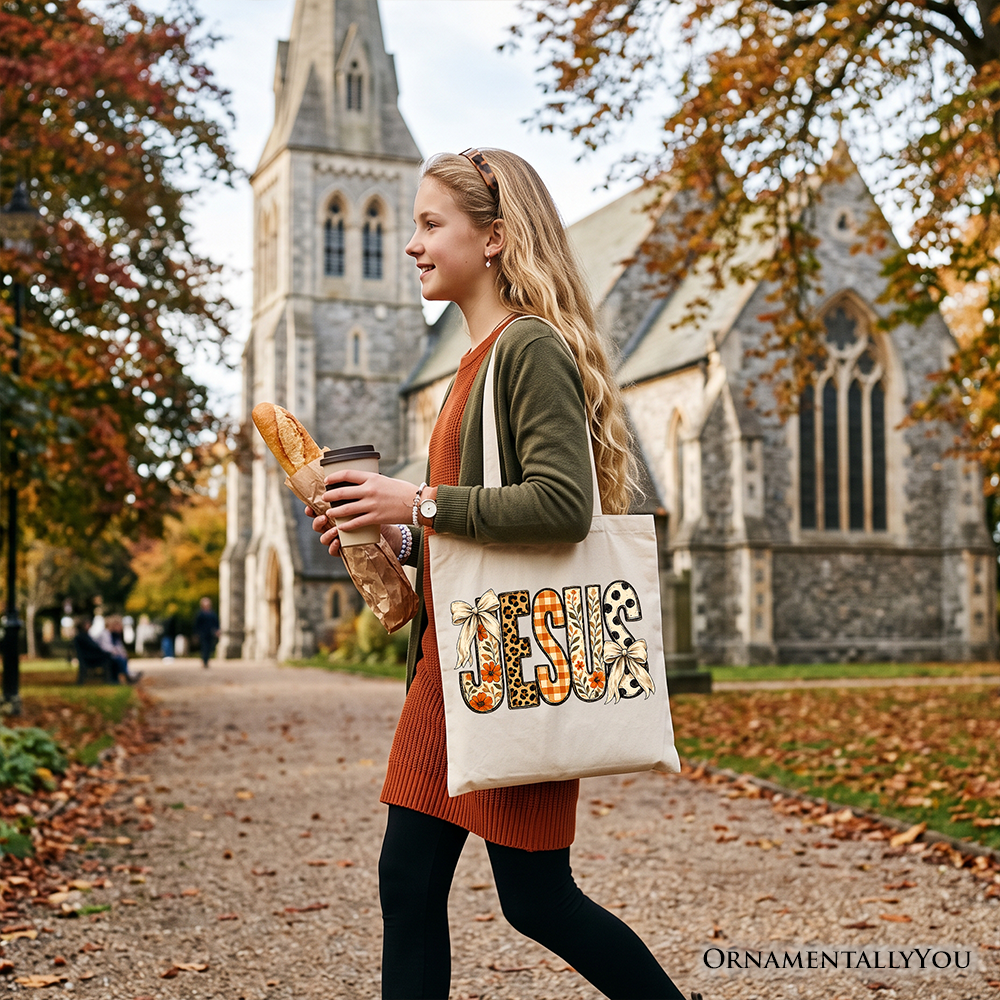 Jesus Coquette Fall Tote Bag, Leopard Plaid Floral Christian Faith Gift Shopper