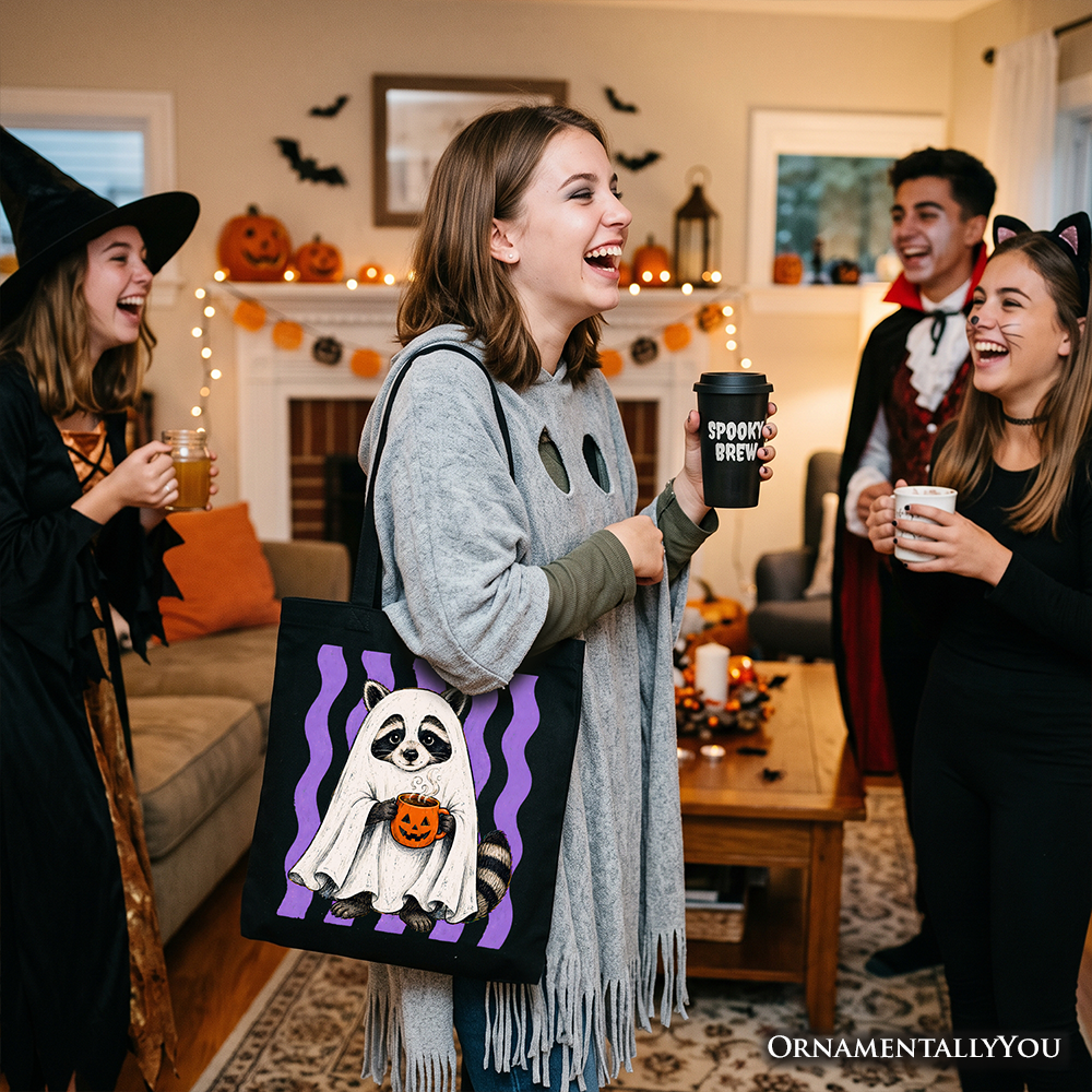 Ghost Costume Raccoon Tote Bag, Halloween Pumpkin Coffee Mug Gift Shopper