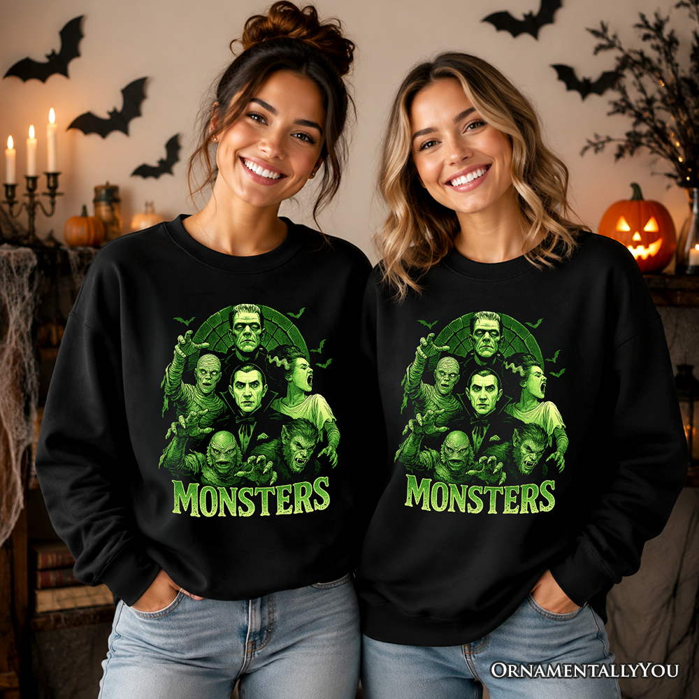 Green Retro Monsters Sweatshirt, Vintage Classic Horror Halloween Sweater