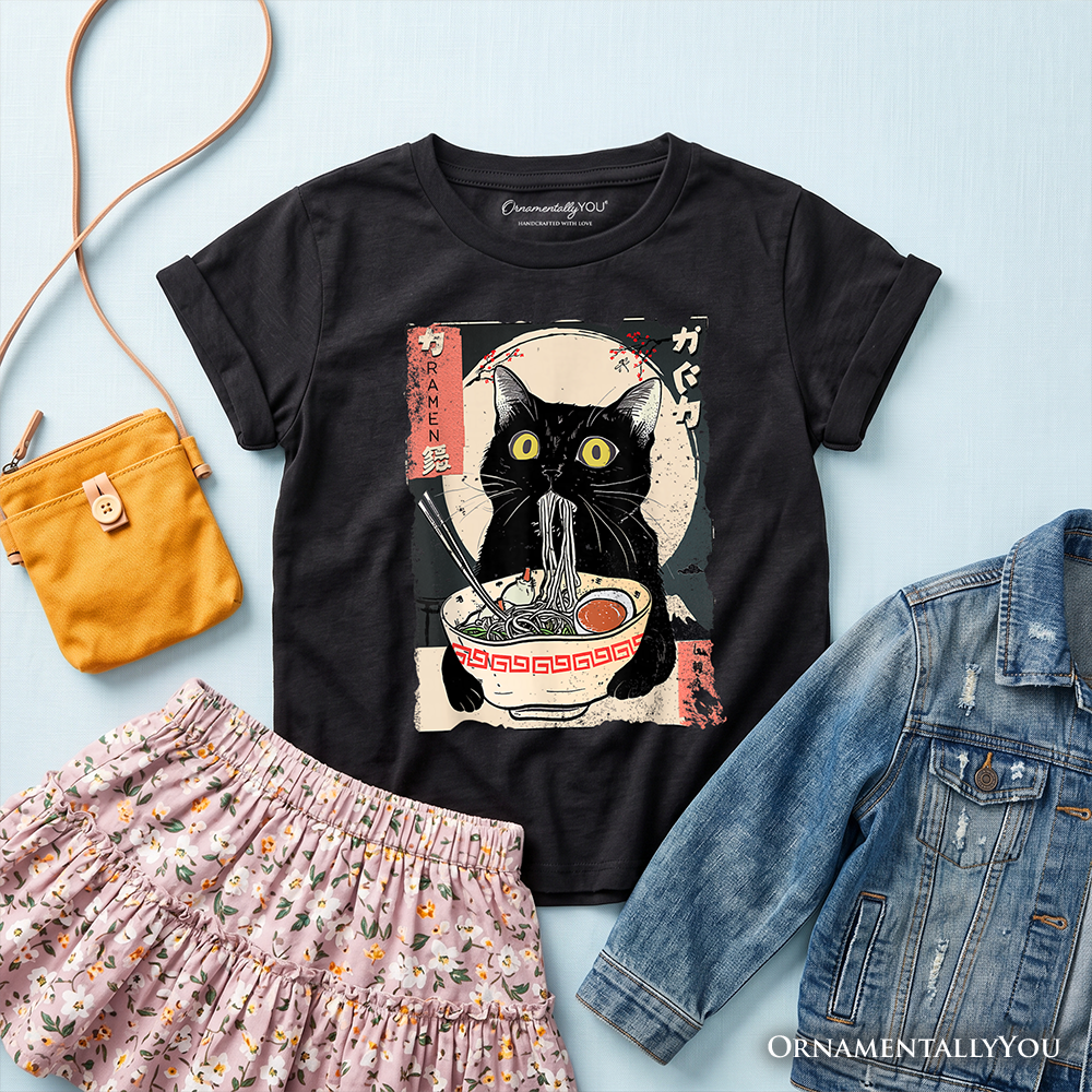 Kawaii Anime Cat Eating Ramen T-Shirt, Japanese Style Graphic Tee