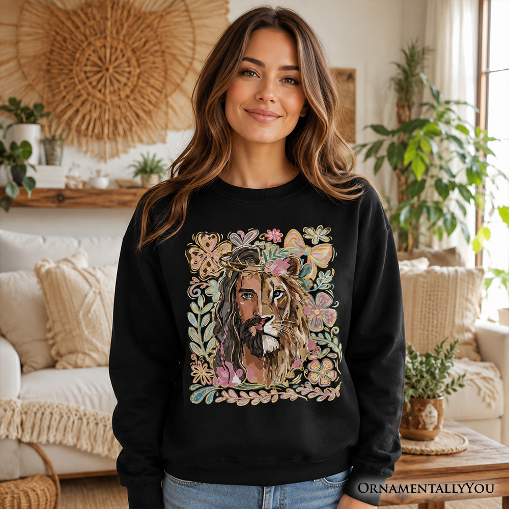 Lion of Judah Christian Sweatshirt, Floral Jesus Religious Faith Sweater