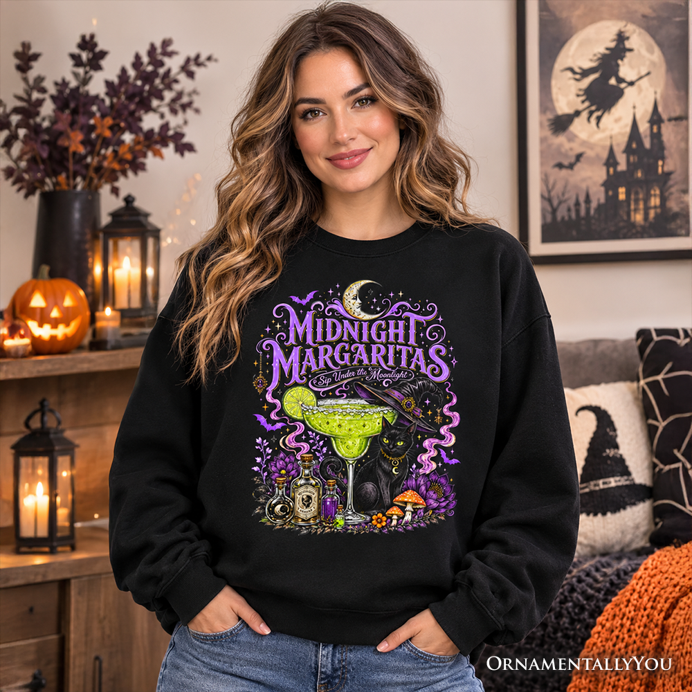 Midnight Margaritas Black Cat Halloween Sweatshirt, Witchy Cocktail Sweater for Spooky Season