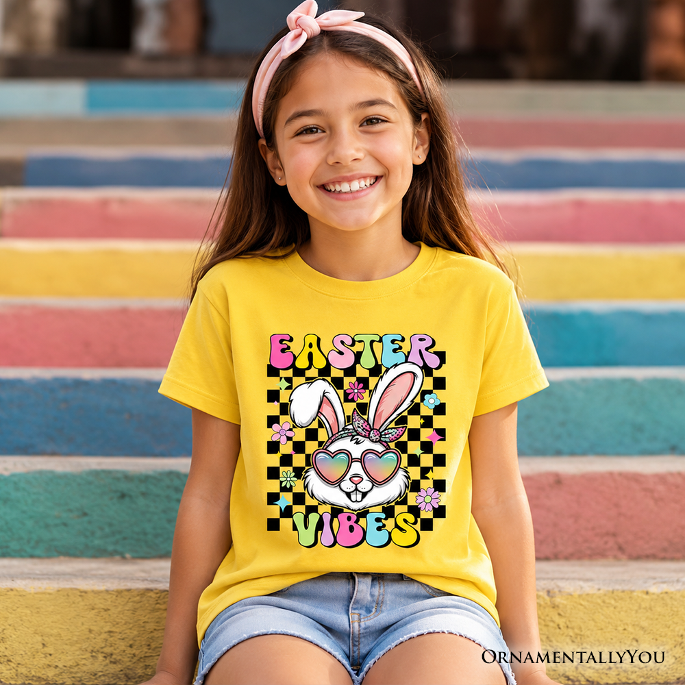 Retro Easter Bunny Sunglasses T-Shirt Groovy Checkered Youth Tee