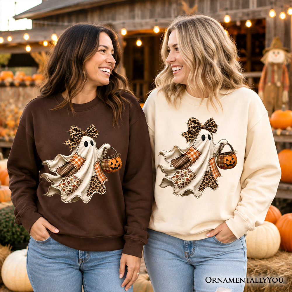 Patchwork Ghost with Leopard Bow Sweatshirt, Rustic Halloween Pumpkin Trick or Treat Sweater