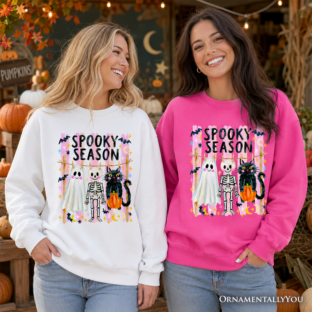 Spooky Season Ghost Skeleton Cat Sweatshirt, Colorful Halloween Costume Sweater