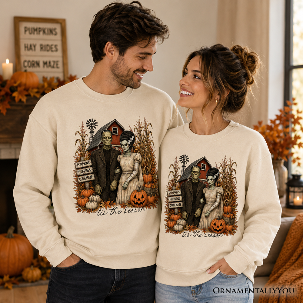 Frankenstein Couple Pumpkin Patch Sweatshirt, Vintage Halloween Fall Festival Sweater