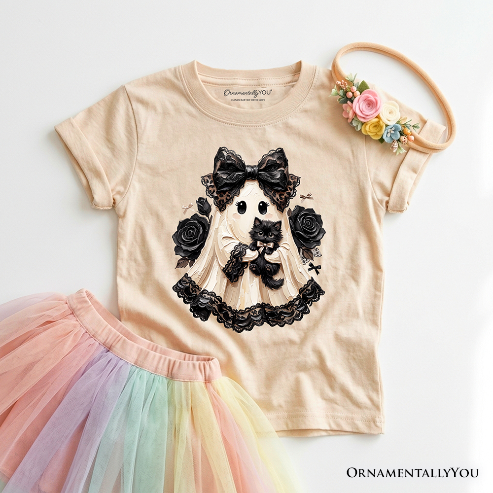 Kids Gothic Ghost with Black Cat T-Shirt, Black Rose Coquette Halloween Youth Tee