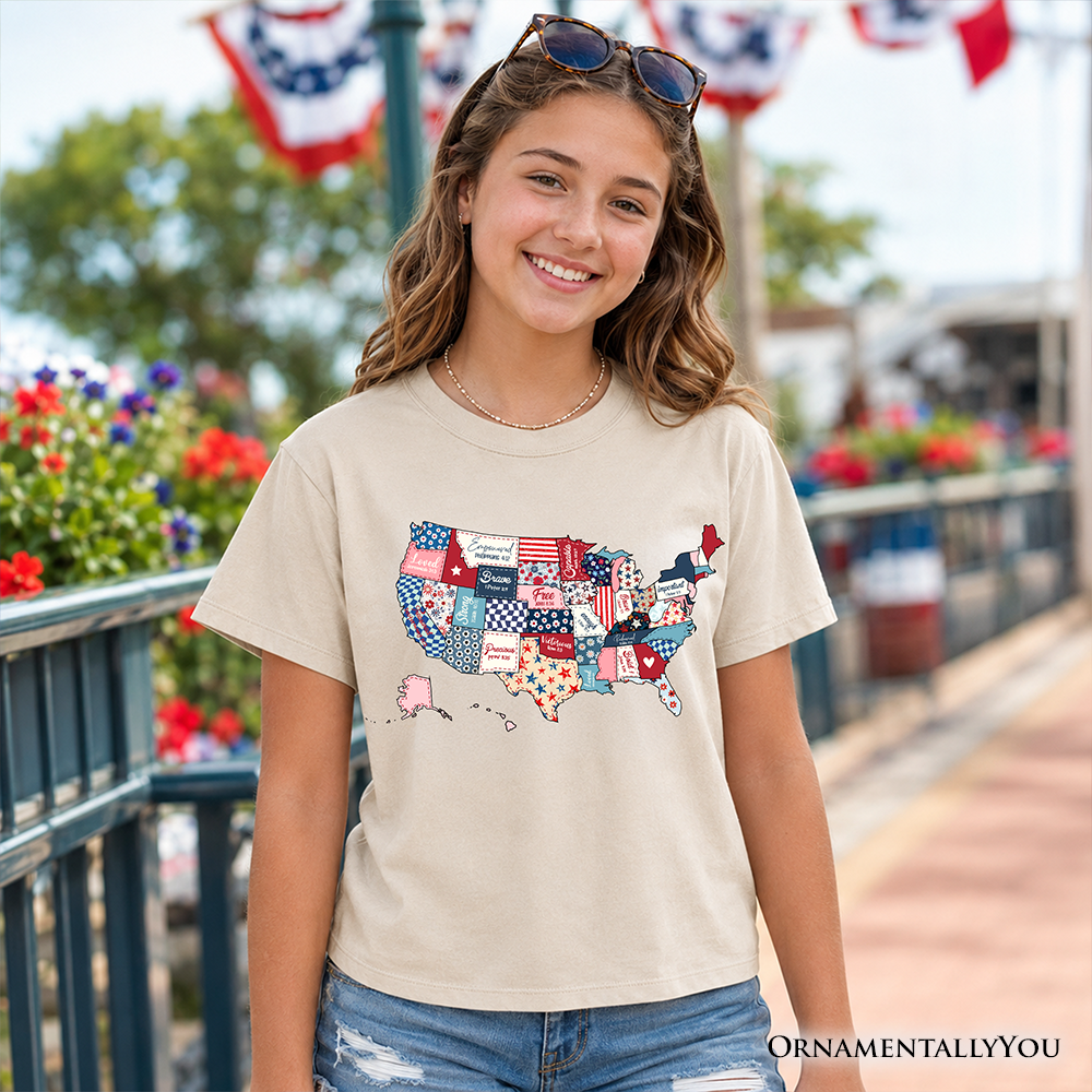 Kids Patriotic USA Map Patchwork T-Shirt Quilted Design Youth Tee