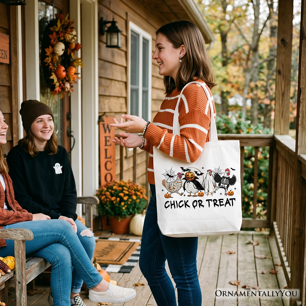 Chick or Treat Halloween Canvas Tote Bag - Whimsical Chicken Print