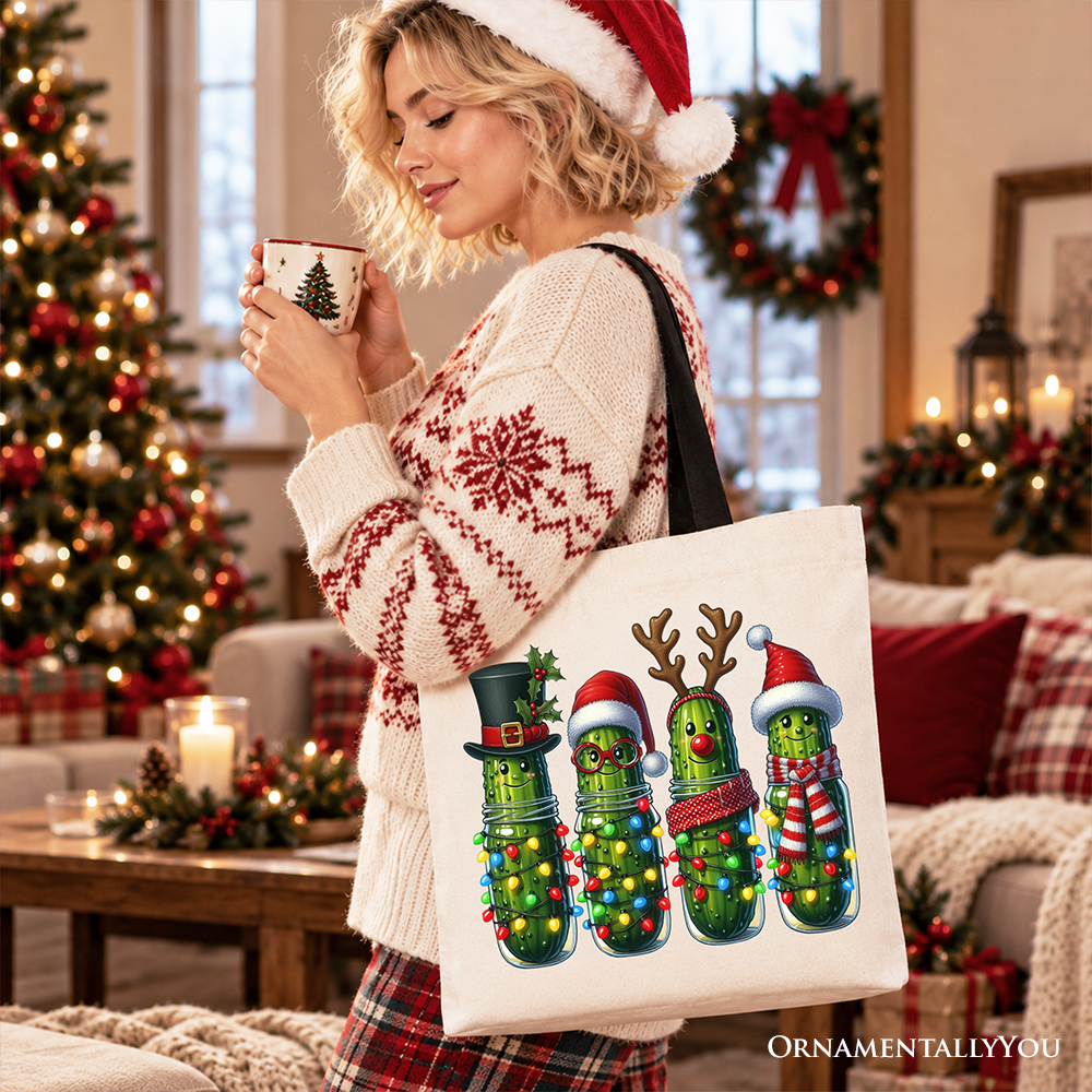 Christmas Pickles Tote Bag, Festive Holiday Cucumber Holiday Gift Shopper