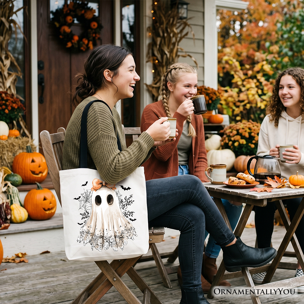 Coquette Ghost Tote Bag, Cute Girly Halloween Canvas Shopper