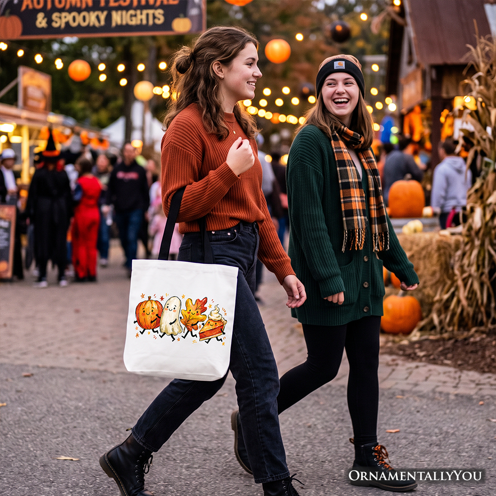 Cute Fall Characters Tote Bag, Pumpkin Ghost Leaf Pie Autumn Gift Shopper