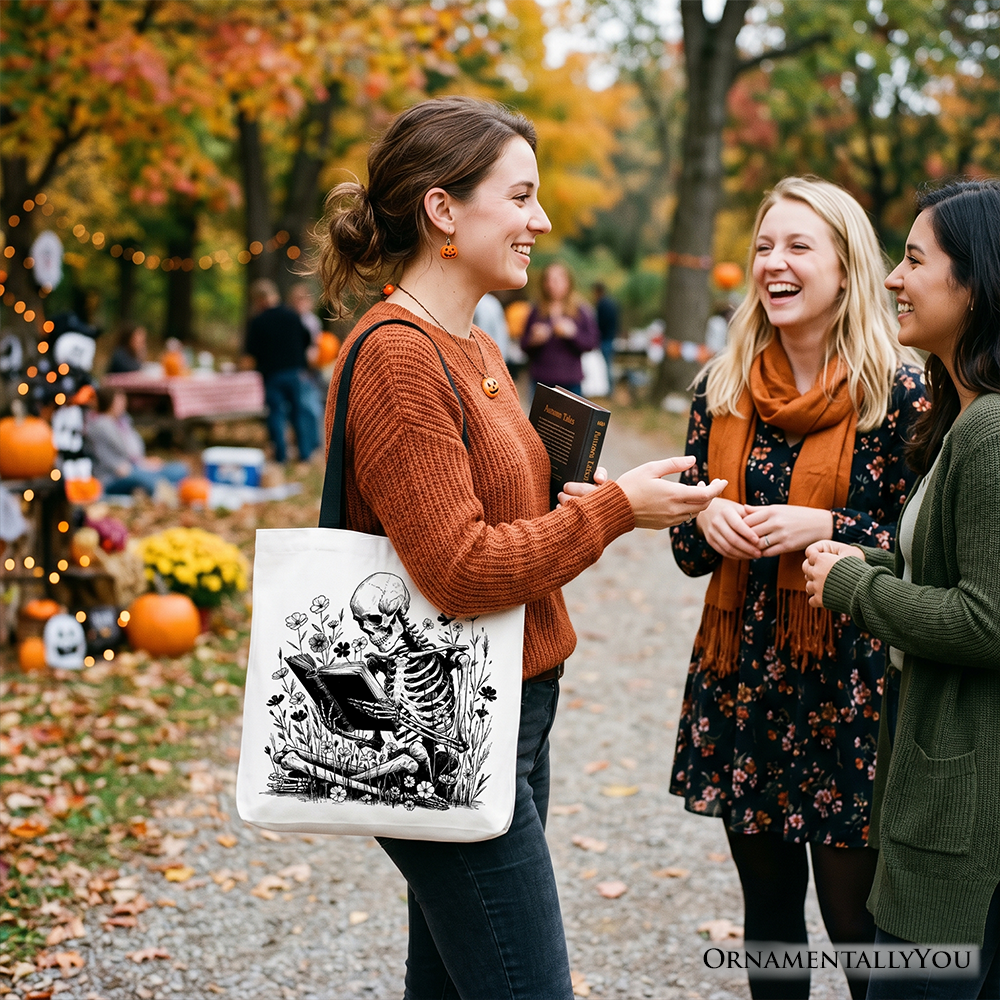Gothic Reading Skeleton Tote Bag, Floral Halloween Book Lover Gift