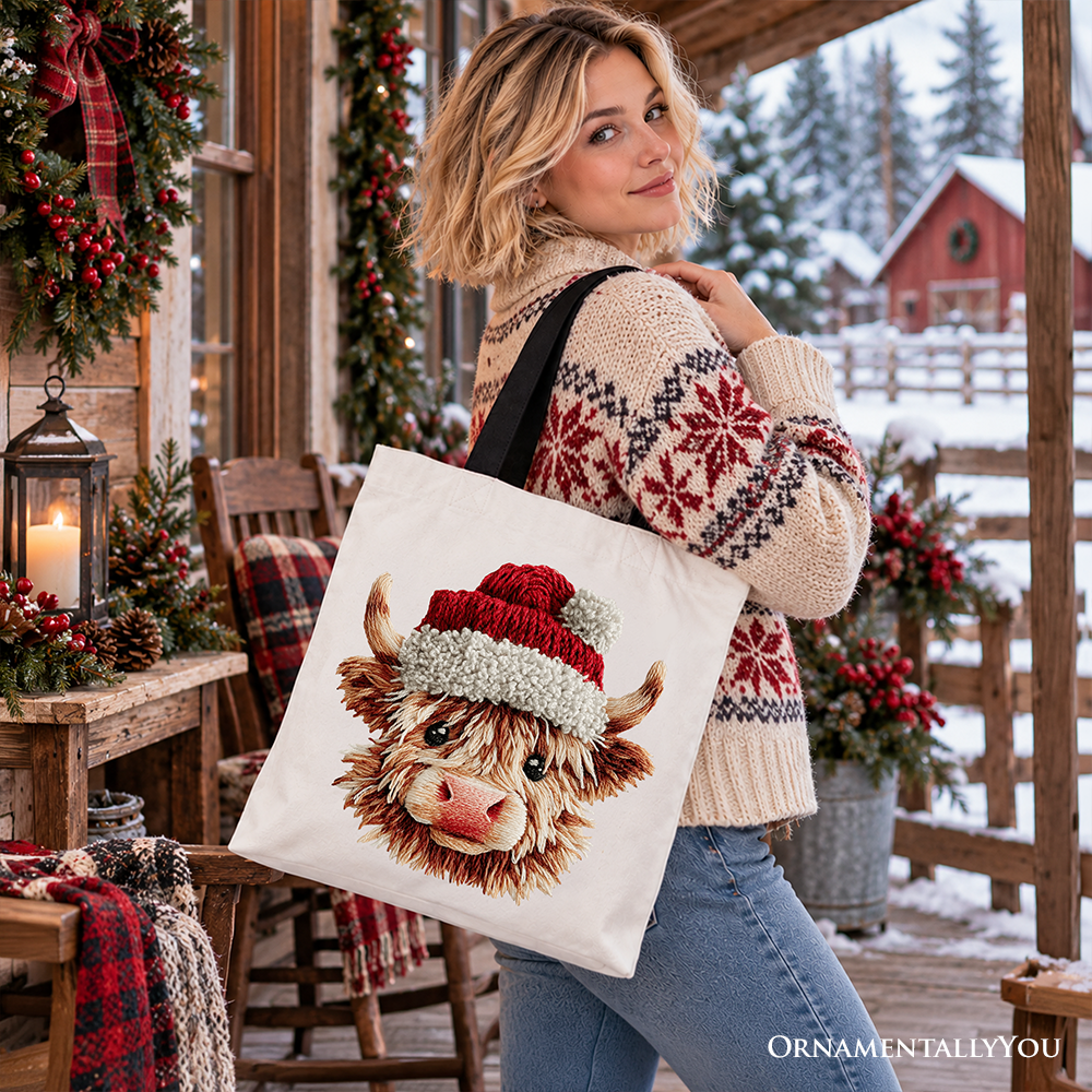 Highland Cow Santa Hat Christmas Tote Bag, Imitation Latch Hook Yarn Cozy Gift Shopper