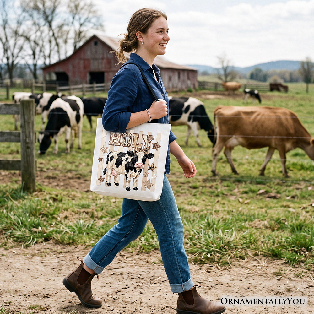 Holy Cow Coquette Tote Bag, Leopard Bow Farm Animal Gift Shopper