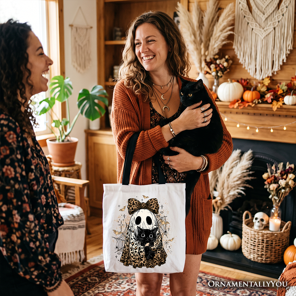 Leopard Bow Ghost with Black Cat Tote Bag, Spooky Halloween Spider Web Gift Shopper