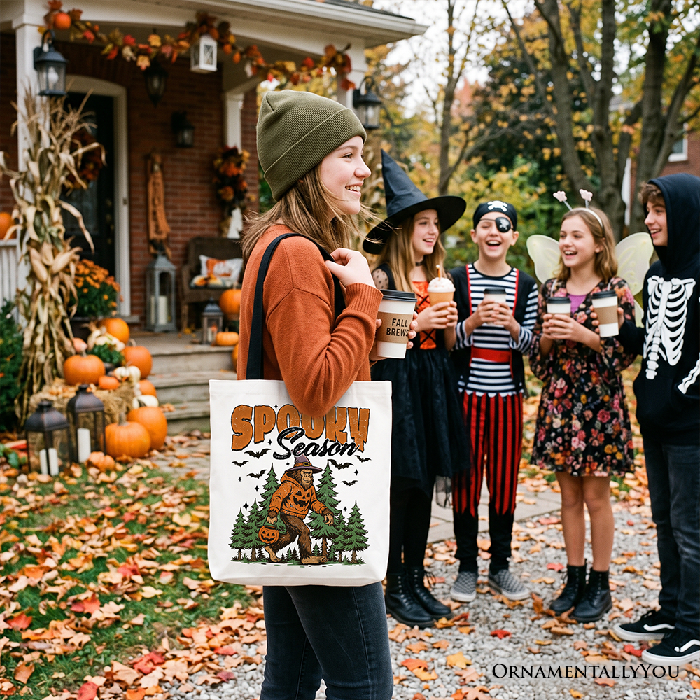 Spooky Season Bigfoot Tote Bag, Halloween Sasquatch Pumpkin Gift Shopper
