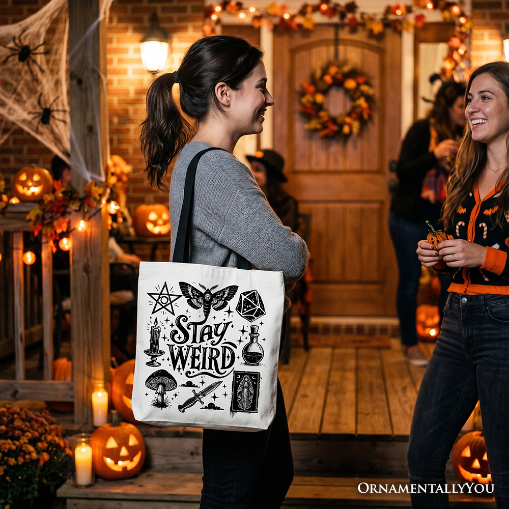 Stay Weird Witchy Vibes Canvas Tote, Mystical Halloween Bag
