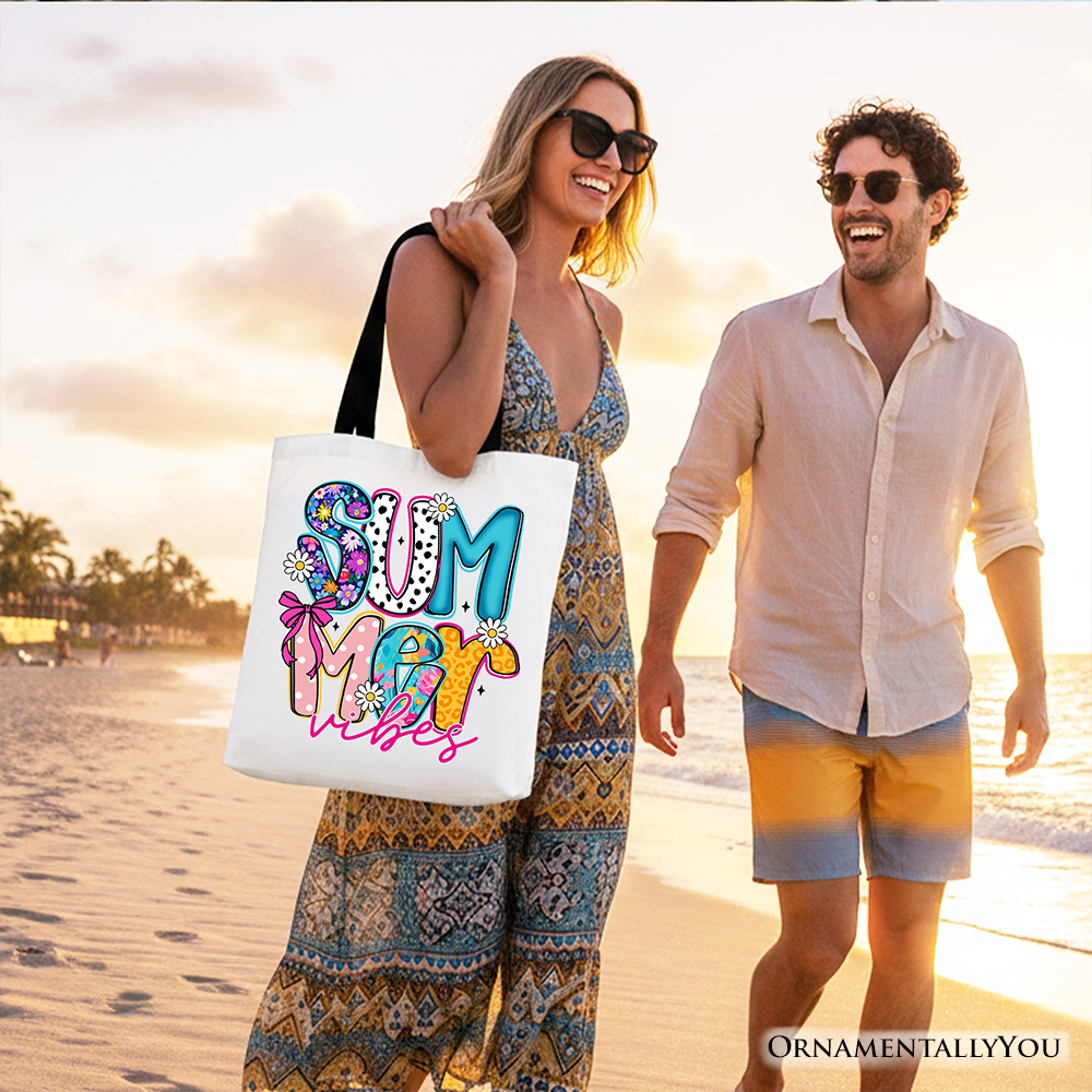 Retro Floral Summer Vibes Coastal Beach Canvas Tote Bag