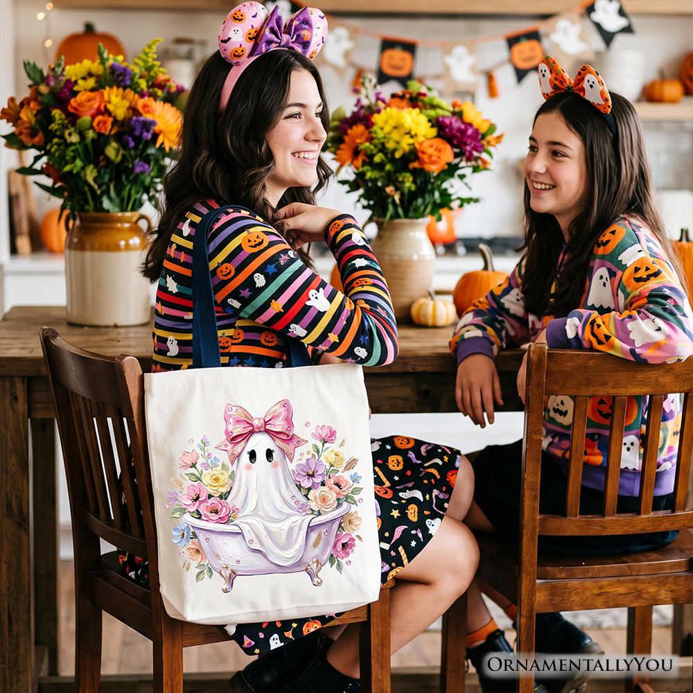 Pink Bow Bathtub Ghost Tote Bag, Floral Coquette Halloween Gift Shopper