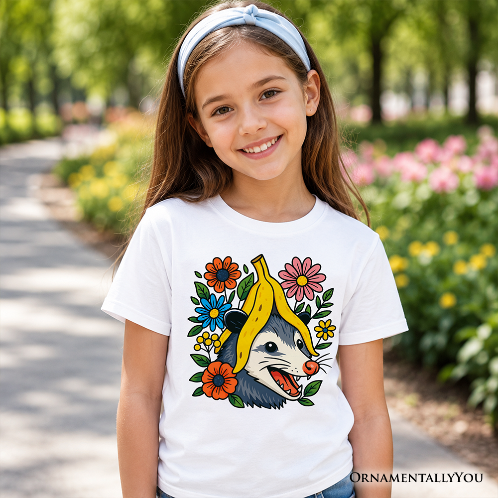 Banana Possum Floral Graphic T-Shirt for Kids - Whimsical Animal Tee