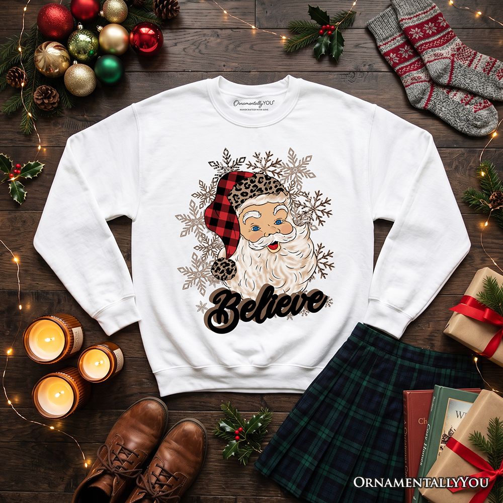 Believe Santa Buffalo Plaid Sweatshirt, Retro Christmas Sweater