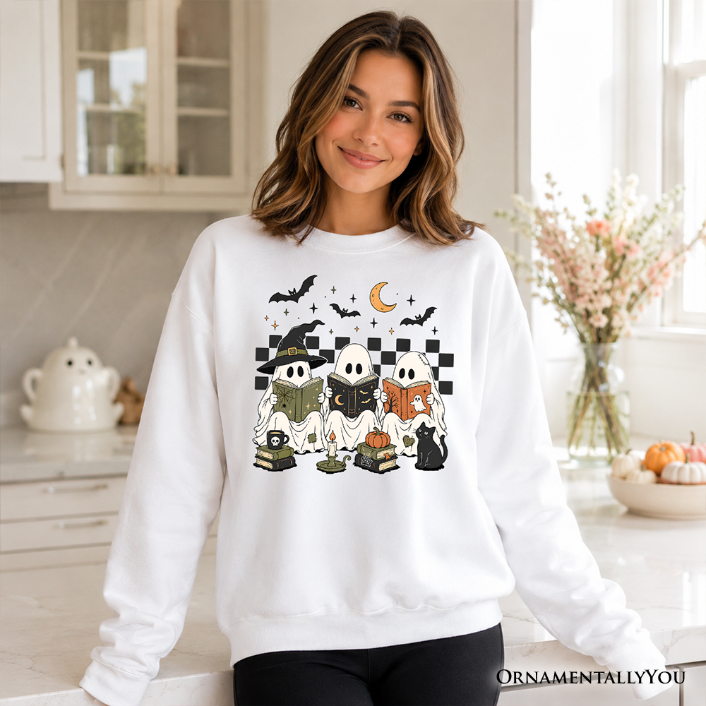 Bookish Ghosts Reading Sweatshirt, Checkered Halloween Witch Cat Sweater
