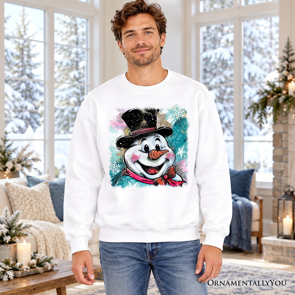 Brushstroke Cute Snowman Sweatshirt, Preppy Merry Christmas Glitter Holiday Sweater
