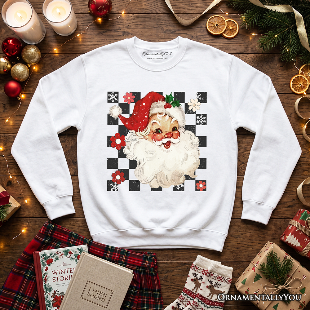 Checkered Santa Claus Vintage Sweatshirt, Retro Merry Christmas Sweater