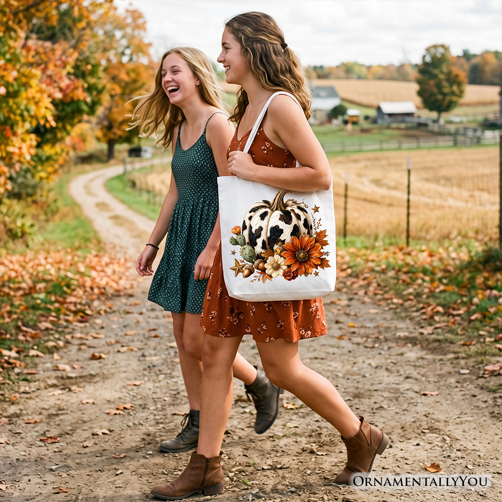 Cow Pumpkin Floral Tote Bag, Western Autumn Harvest Gift Shopper