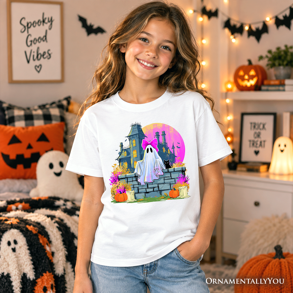 Haunted House Ghost Kids T-Shirt, Coquette Bow Halloween Tee for Youth Girls