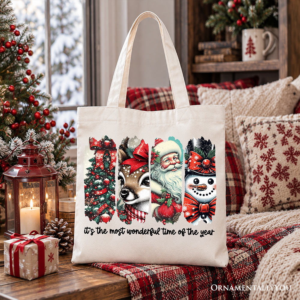 It's Most Wonderful Time Of The Year Tote Bag, Reindeer, Santa, Snowman Vintage Gift Shopper for Christmas
