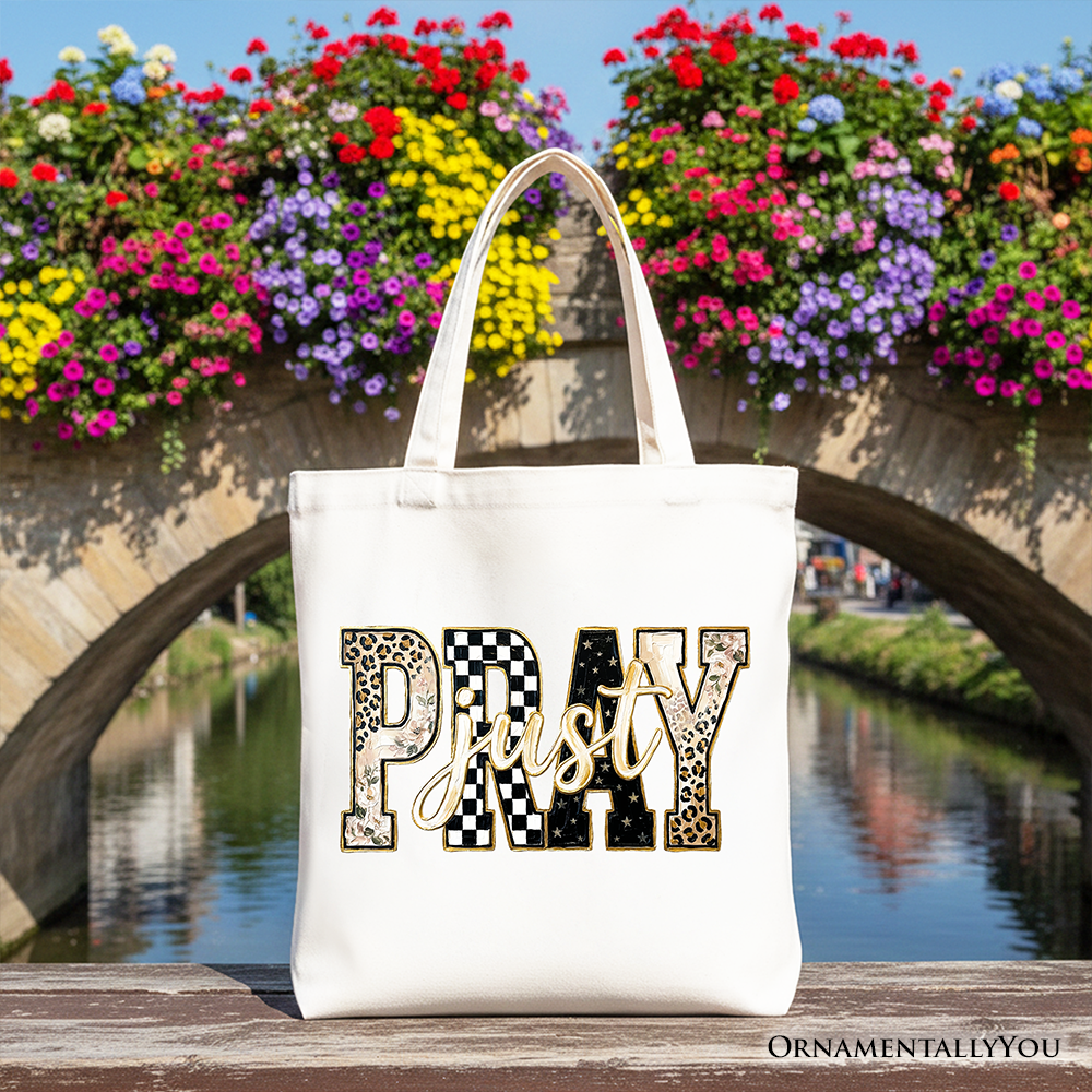 Just Pray Christian Varsity Tote Bag – Retro Leopard & Checkered Faith