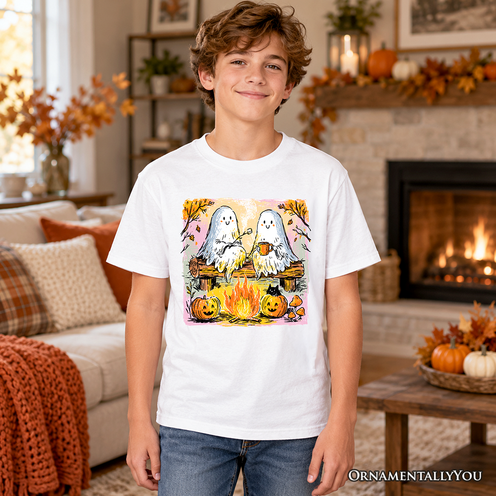 Kids Cozy Campfire Ghosts T-Shirt, Fall Halloween Pumpkin Youth Tee