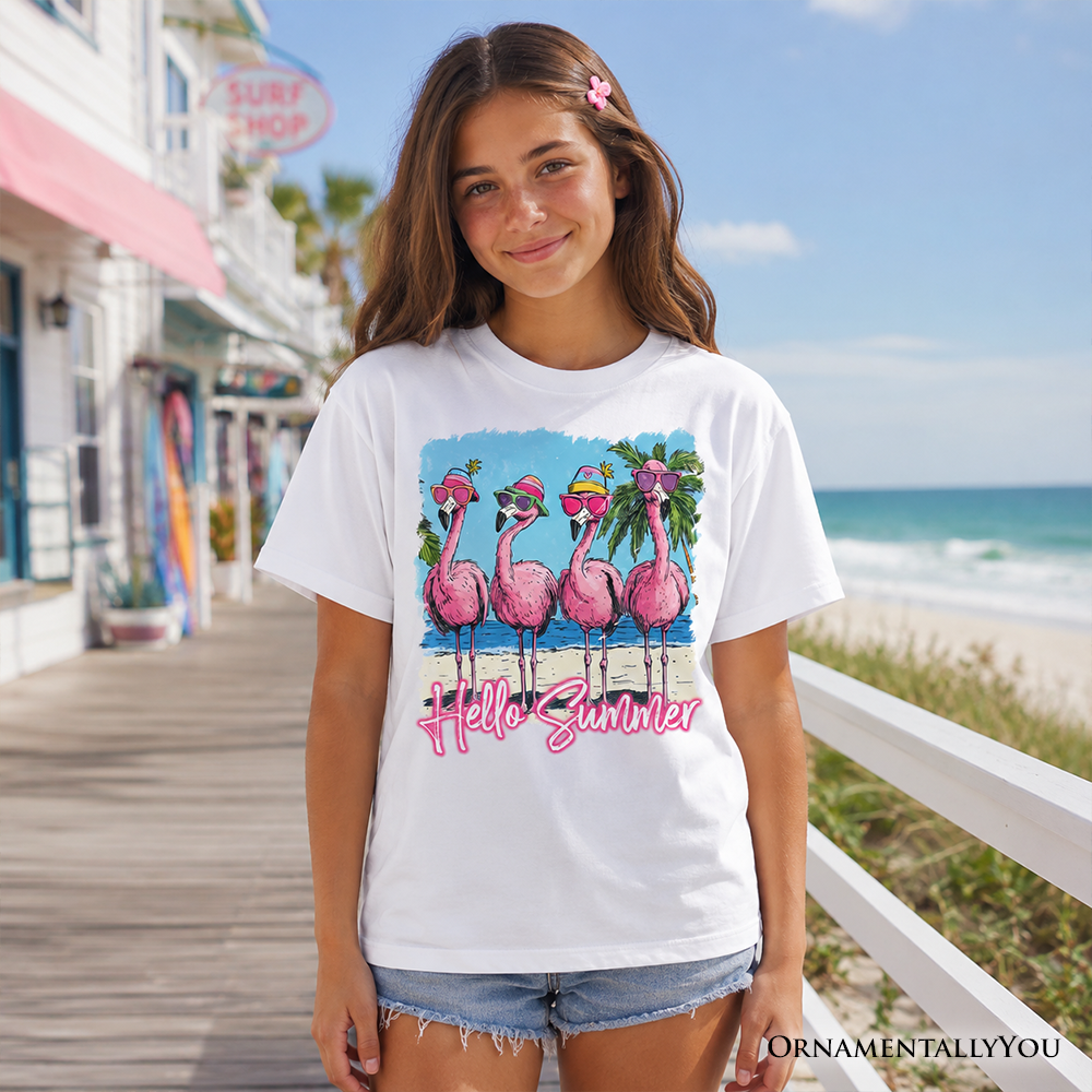 Hello Summer Flamingo T-Shirt for Kids, Tropical Beach Graphic Tee