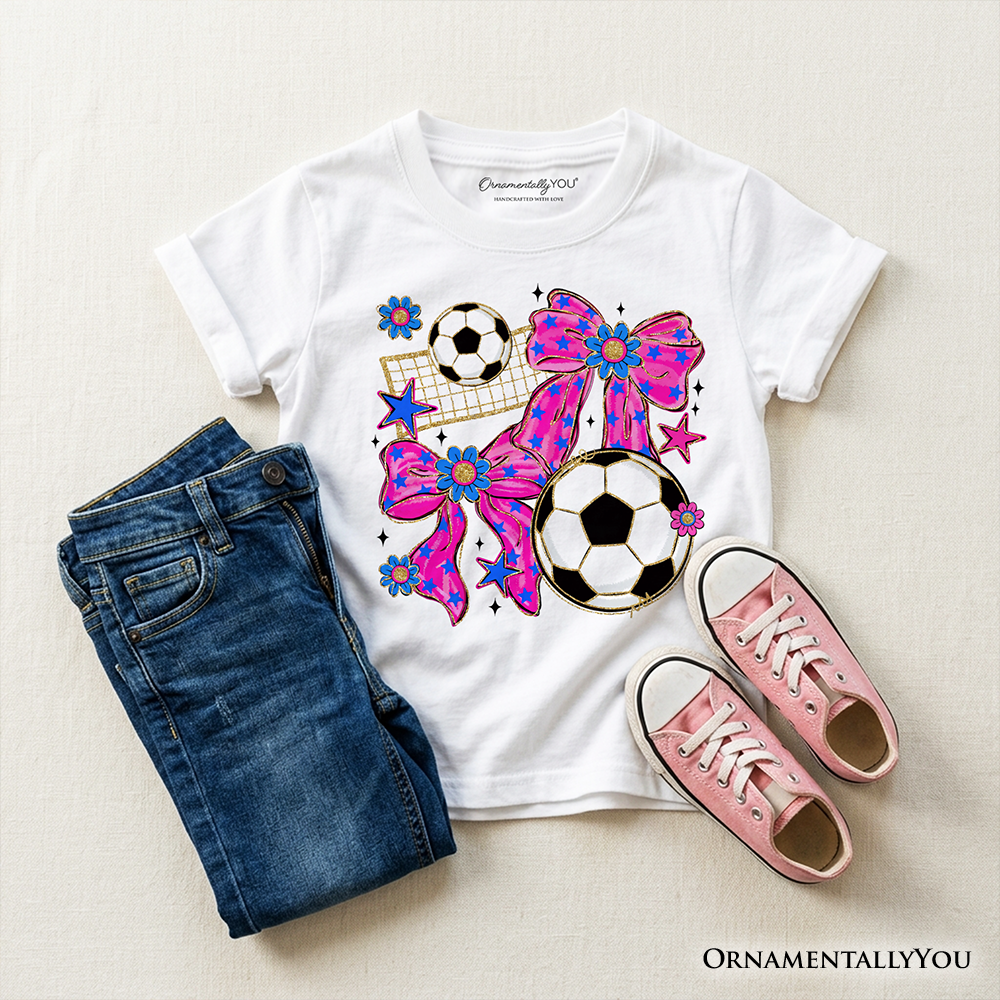 Kids Soccer Coquette Pink Bow T-Shirt, Preppy Game Day Youth Tee