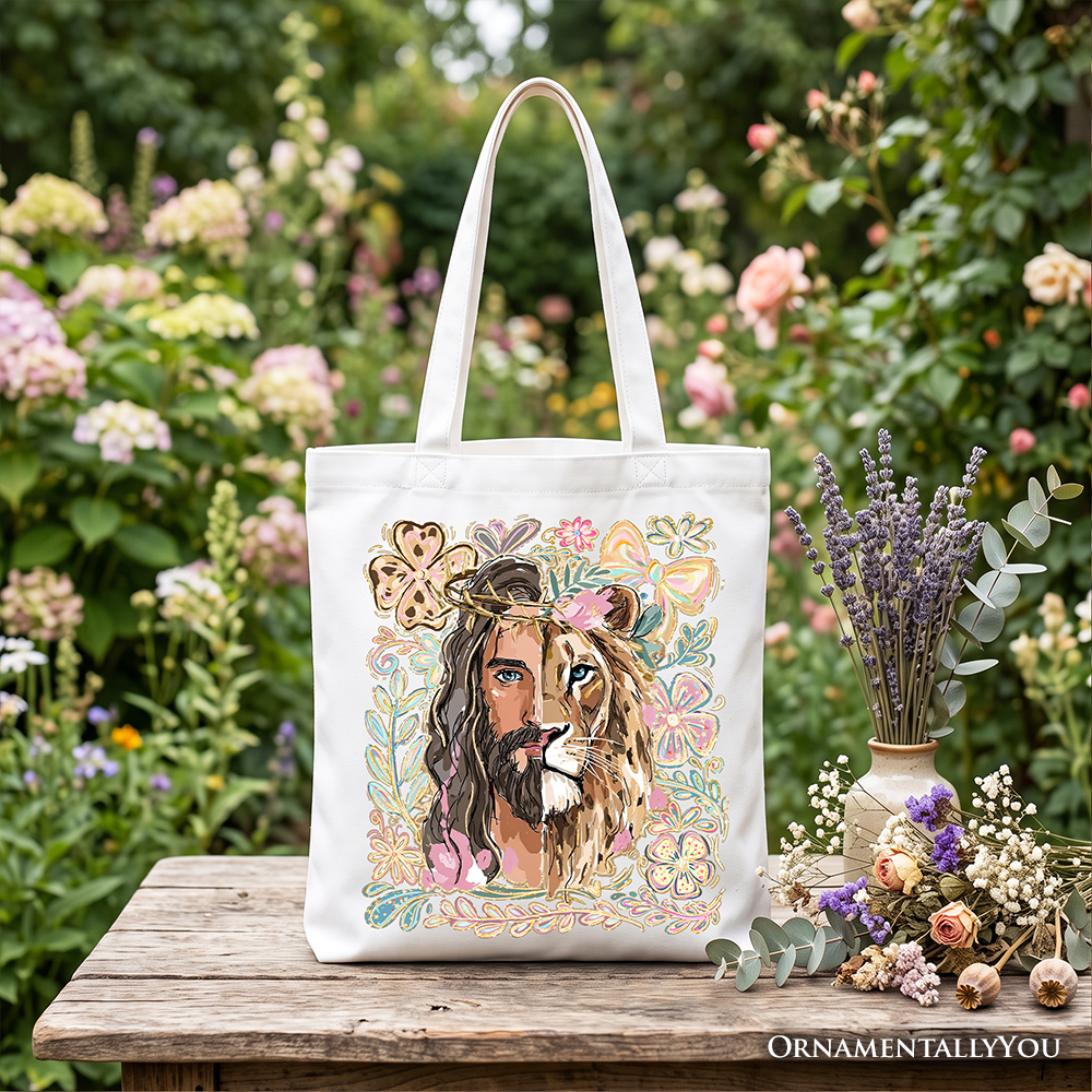 Lion of Judah Christian Tote Bag, Floral Jesus Religious Faith Gift Shopper