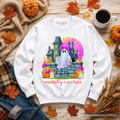 Mentally I Am Here Ghost Sweatshirt, Pink Bow Haunted House Halloween Sweater