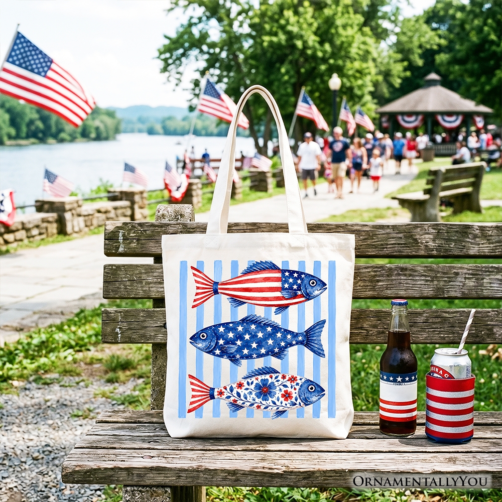 Patriotic Fish Striped Tote Bag - 4th of July Beach Shopper