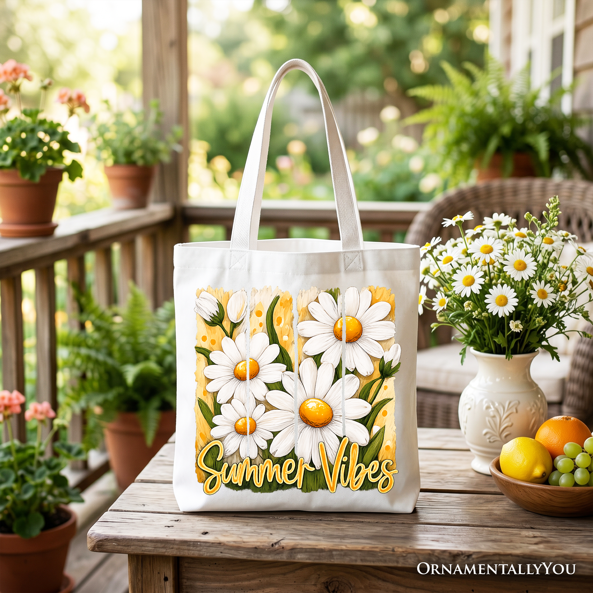 Daisy Brushstroke Floral Tote Bag – Aesthetic Summer Picnic Shopper