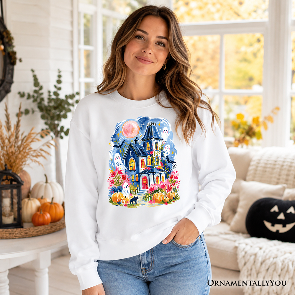 Watercolor Haunted House Sweatshirt, Colorful Ghost Pumpkin Halloween Sweater